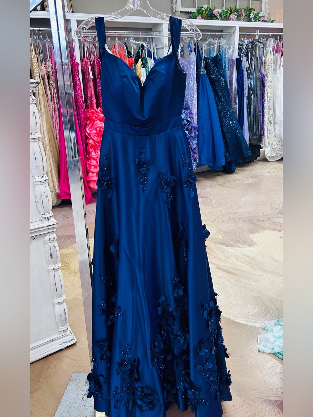 Midnight Blue Floral Appliqué A-Line Prom Dress